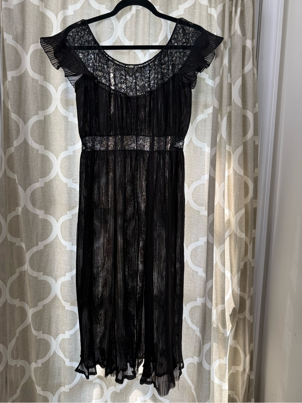 BARBIZON 1940s Nylon Chiffon Black Yoke Lace Flutter Sleeve Pleated Slip Dress